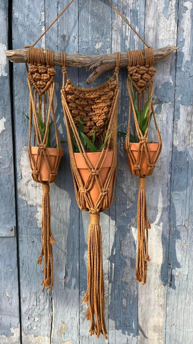 triple macrame plant hanger Coffee Cluster Triple Planthanger – Knot and Feather Shop